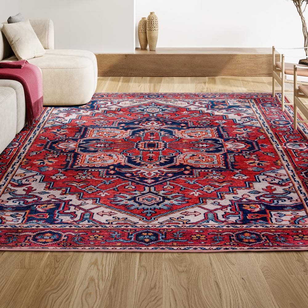 Bohemian Diamond Medallion 3x5 Red/Navy Easy-Care Area Rug
