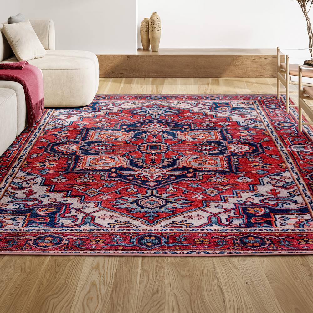 Cirali Medallion Red/Navy 4' x 6' Washable Synthetic Area Rug