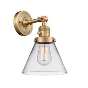 Cone 8 in. 1-Light Brushed Brass Wall Sconce with Clear Glass Shade with On/Off Turn Switch