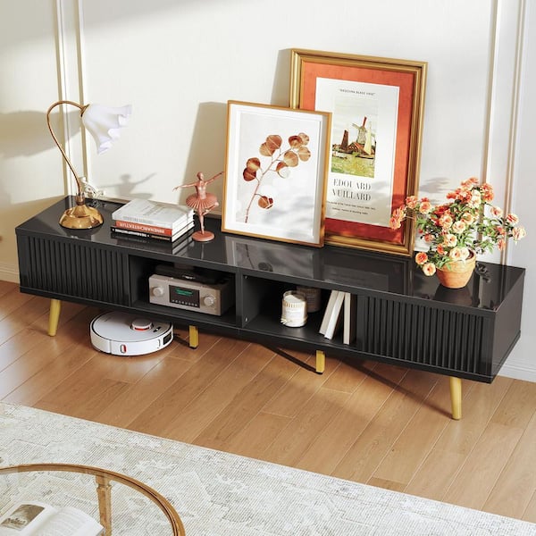 71 in. Modern Glossy Black TV Stand Fits TV Up to 75 in. Entertainment Center with Storage Cabinets and Sliding Doors