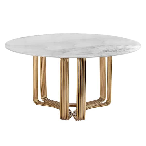 Monland Modern Round White Snow Mountain Stone Tabletop 53.15 in. Stainless Steel Titanium Gold Pedestal Dining Table (4 Seats)