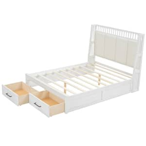 White Wood Frame Queen Size Platform Bed with Upholstered Headboard and 2 Drawers