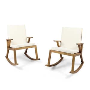 Champlain Teak Brown Wood Patio Outdoor Rocking Chairs with Cream Cushions (2-Pack)