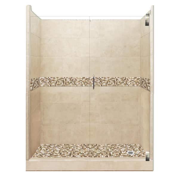 American Bath Factory Roma Grand Hinged 32 in. x 60 in. x 80 in. Right Drain Alcove Shower Kit in Brown Sugar and Satin Nickel Hardware