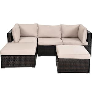 5-Pieces Rattan Wicker Furniture Set Patio Conversation Set with Beige Cushions
