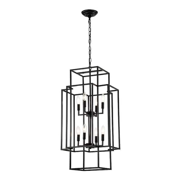 Jushua 8-Light Black Lantern Tiered Pendant Hanging Light Fixtures, Adjustable Height Chandeliers (Bulbs Not Included)