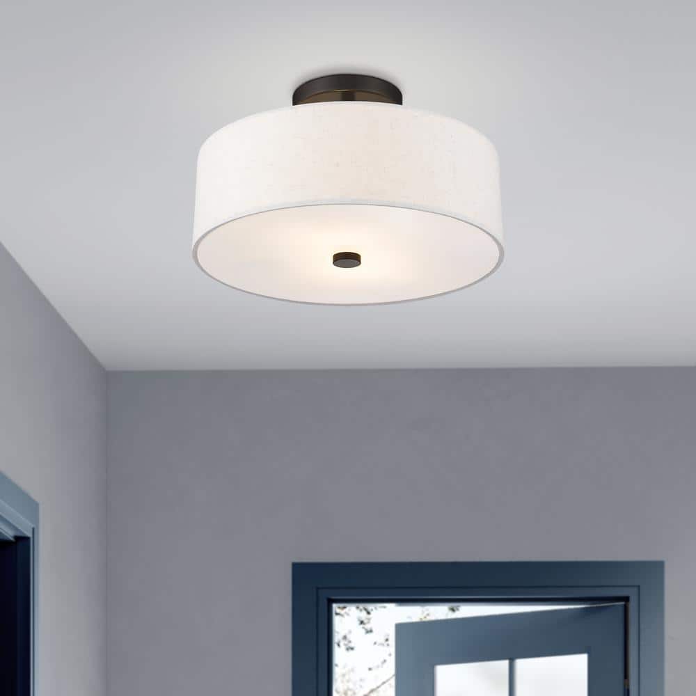Meridian English Bronze 13" Drum Semi-Flush Mount with Oatmeal Fabric Shade