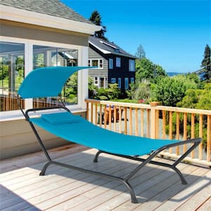 95.5 in. Metal Frame Outdoor Patio Hanging Chaise Lounge Chair with Canopy, Navy Cushion, Pillow and Storage Bag