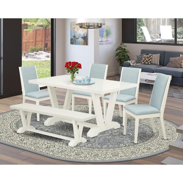 East West Furniture 6-Piece Rectangle Natural Oak Finish Solid Wood Top Dining Table with 1-Bench, 4-Chairs with Lattice Back