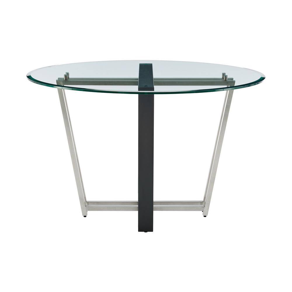Devi 48" Round Glass Dining Table with Black Iron and Stainless Steel Base