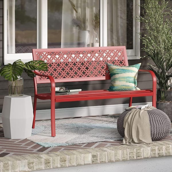 49.5 in. Outdoor Bench with Back & Armrest, All Weather Metal Park Bench for Patio Garden, Cherry Red