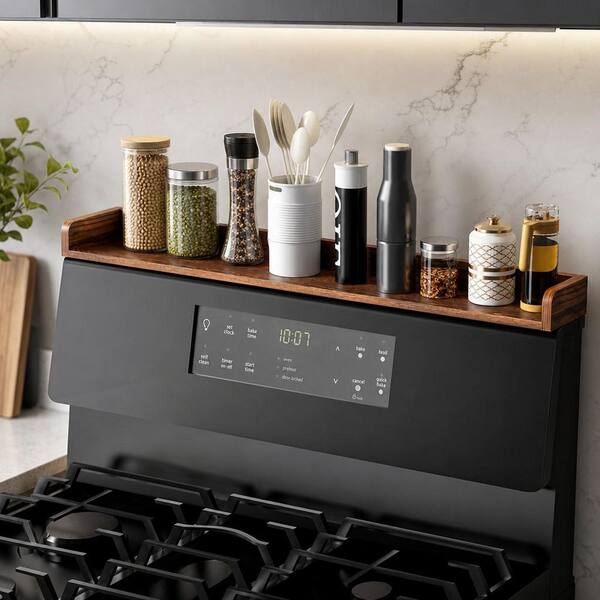 1-Shelf Dark Brown Magnetic Wall Mount Stove Top Storage Shelf, 30 in. Pine Wood Heat Resistant Spice Organizer for Home