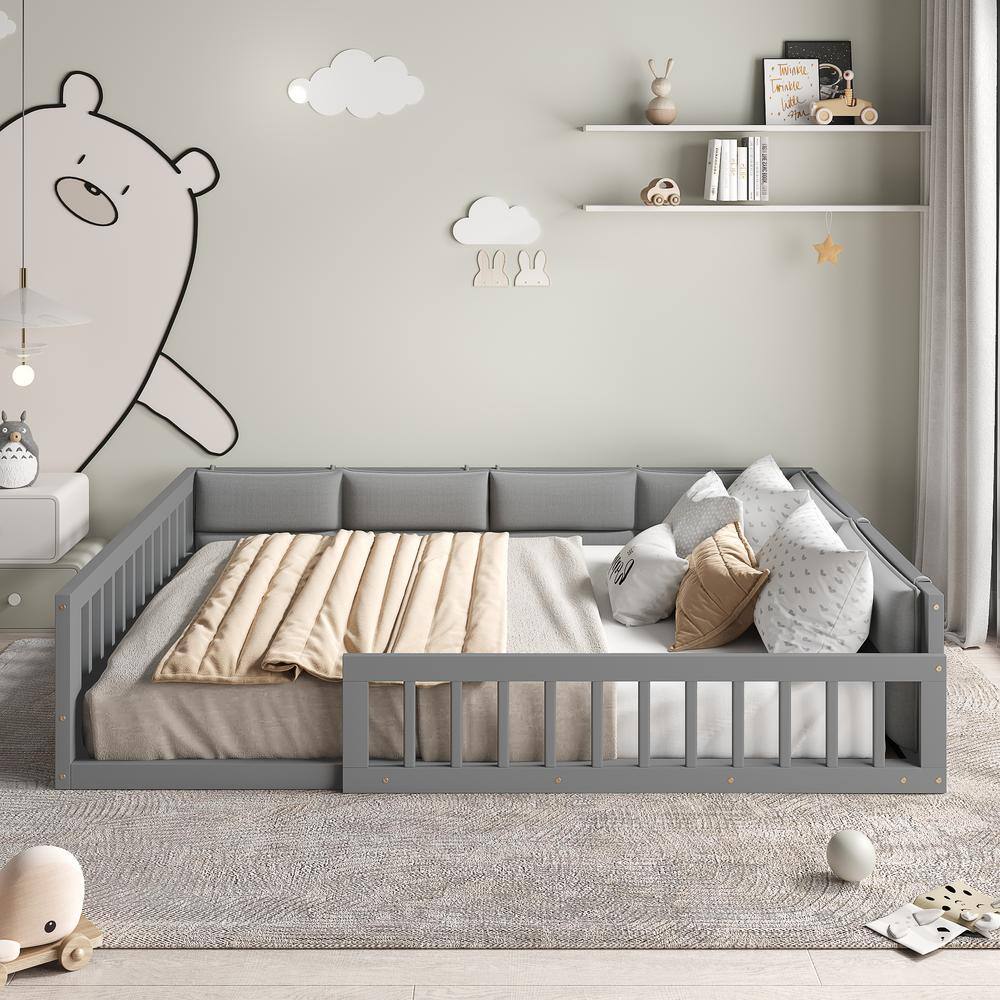 Gray Wood Frame Full Size Platform Bed with Pillows and Guardrails - thumbnail 9