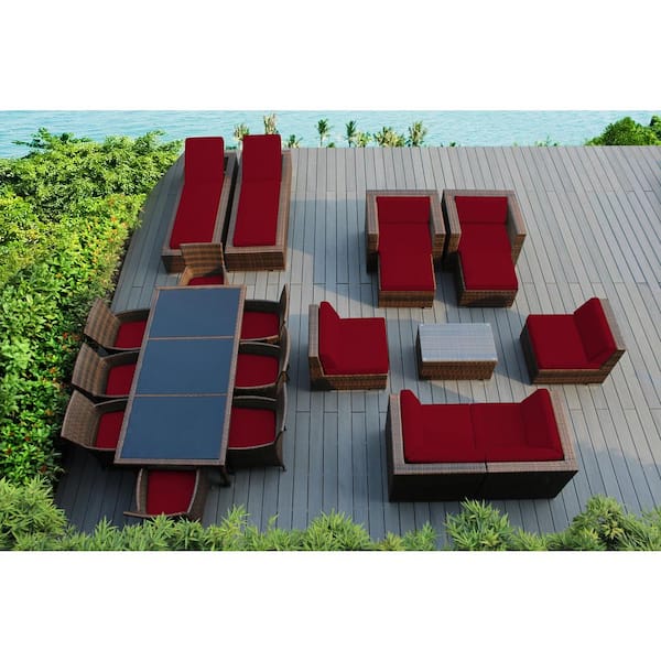 Mixed Brown 20-Piece Wicker Patio Combo Conversation Set with Sunbrella Jockey Red Cushions