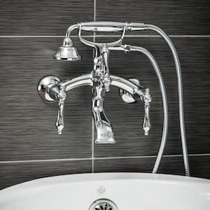 Vintage Style 3-Handle Wall Mount Claw Foot Tub Faucet with Metal Levers and Handshower in Chrome