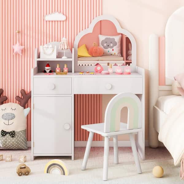 Costway 2-Piece White Kids Vanity Set Kids Activity Table and Chair with Cloud-Shaped Mirror Open Shelf Storage Drawers