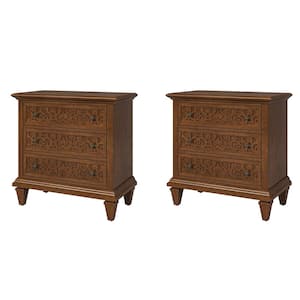 Augusto Transitional 3-Drawer Fretwork Nightstand with Built-in Outlets and Solid Wood Legs (Set of 2)-Walnut