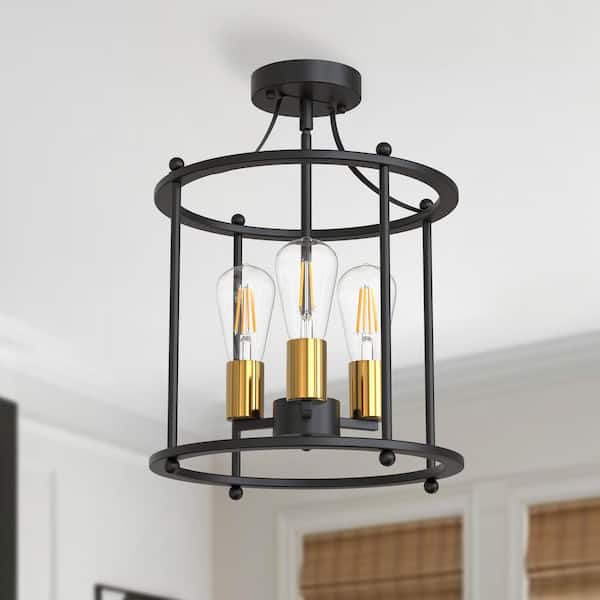 13 in. 3-Light Black and Gold Farmhouse Flush Mount Ceiling Light Vintage Charm for Living Room Dining Room or Hallway