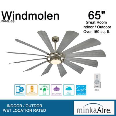 Windmolen 65 in. Integrated LED Indoor/Outdoor Brushed Steel Smart Ceiling Fan with Light Kit with Remote Control