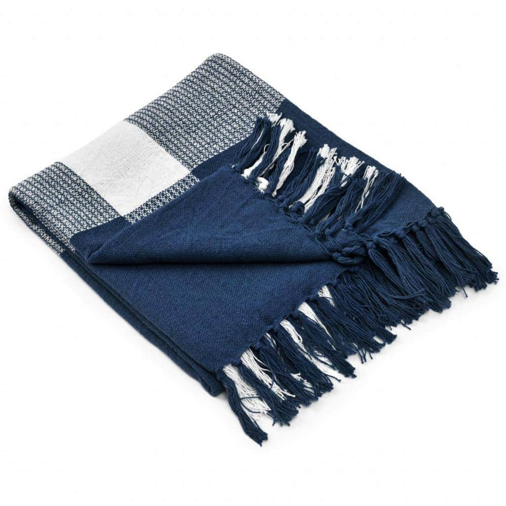 HomeRoots Charlie Blue and White Checked Cotton Throw Blanket ...