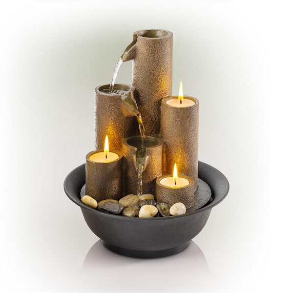Alpine Corporation 11 in. Tall Indoor Tiered Column Tabletop Fountain with 3 Candles