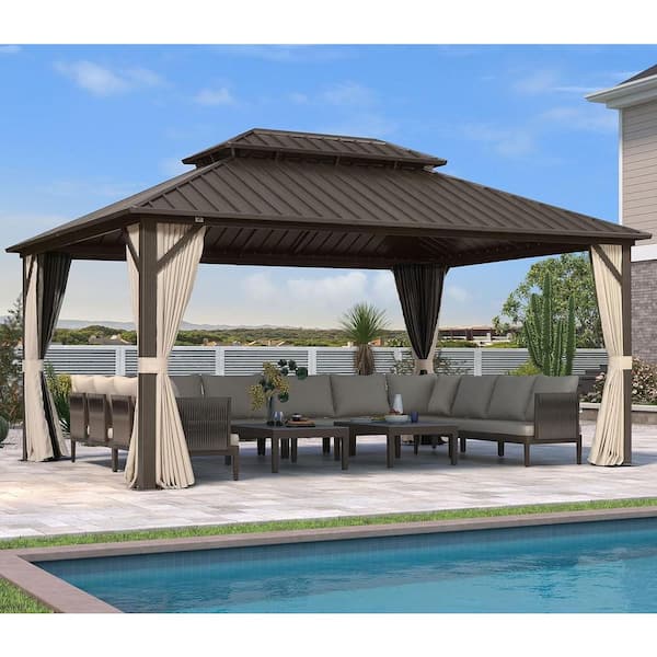 12 ft. x 16 ft. Bronze Aluminum Outdoor Hardtop Gazebo Metal Frame Galvanized Double Roof with Curtains and Nettings