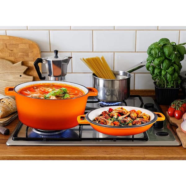 Have a question about Bruntmor 2 in 1 Cast Iron Double Dutch Oven and  Skillet Lid, 5 qt., Electric, Gas Compatible, Enameled Pumpkin Spice? - Pg  1 - The Home Depot