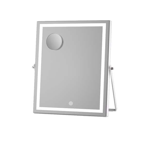 White 11.4 in W x 13.8 in. H Rectangle Framed LED Makeup Mirror with Bluetooth Speaker Vanity Mirror with Lights