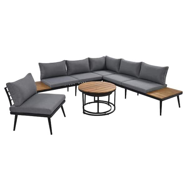 Zeus & Ruta 6-Piece Natural Metal Outdoor Sectional Sofa Set with Grey Cushions and Round Nesting Coffee Tables