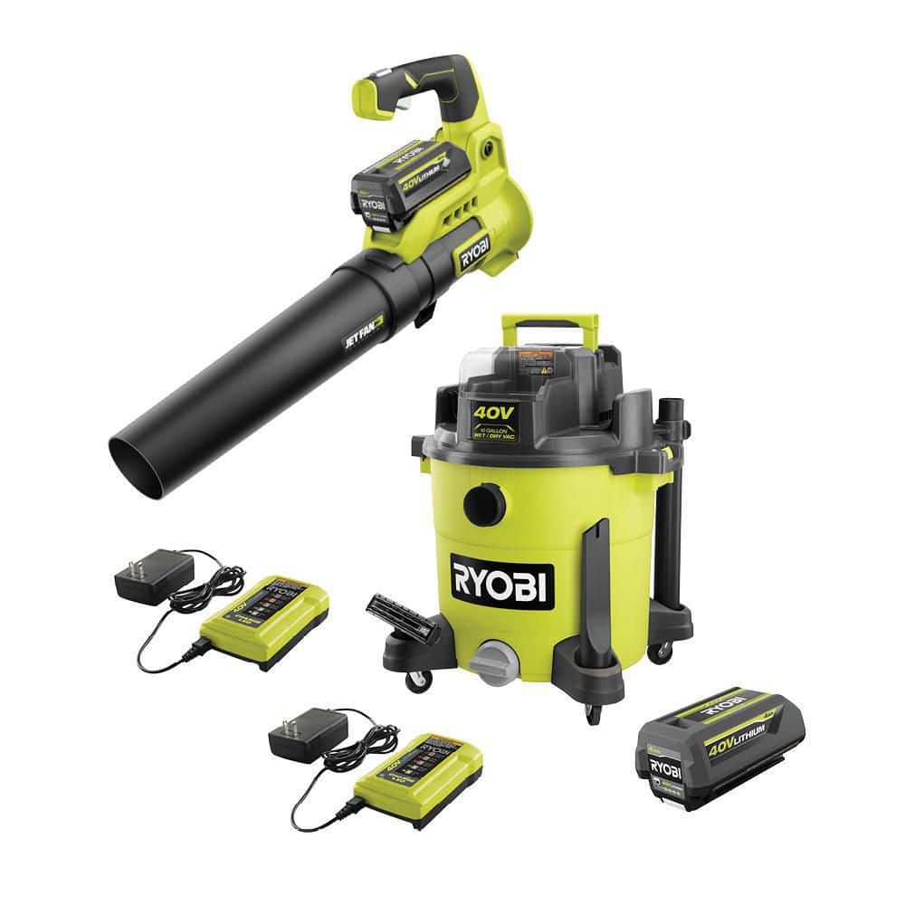 RYOBI 40V 10 Gal. Cordless Wet/Dry Vacuum with 40V Variable-Speed Jet Fan Leaf Blower, (2) 4.0 Ah Batteries, and Charger, Greens