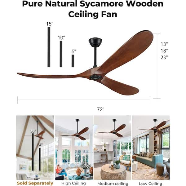 60 in. Walnut Finish Solid Wood Ceiling Fan, Indoor Fan with 3 Downrods, Remote & Wall Control