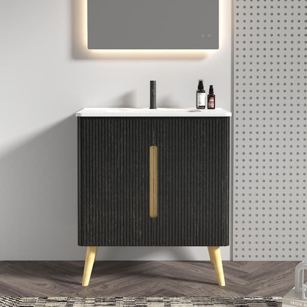30 in. W Single Sink Freestanding Bath Vanity in Black with White Ceramic Top, 4-Soild Wood Legs