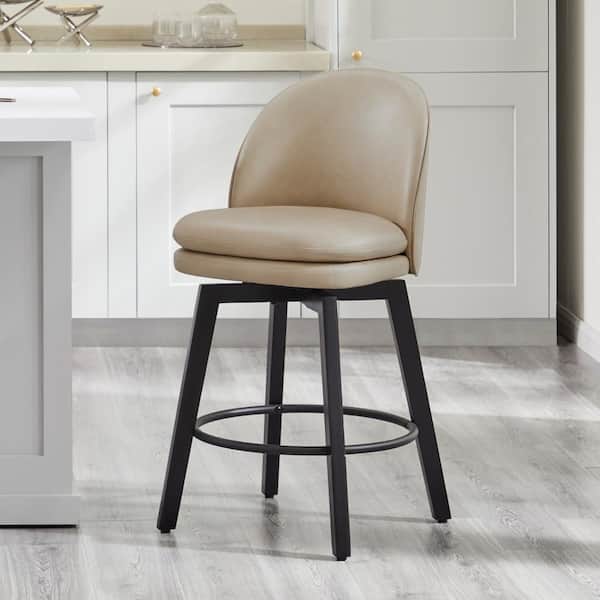 Spruce & Spring Cyprian 26 in. Beige Low Back Swivel Counter Height Bar Stool with Leather Seat and Wood Frame