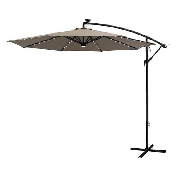 FLAME&SHADE 10 ft. Steel Cantilever Solar Lighted Patio Umbrella with Cross Base Stand in Taupe Solution Dyed Polyester