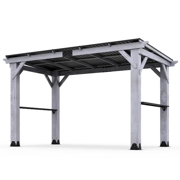 12.5 ft. x 6.5 ft. Patio Wood Frame Grill Gazebo with Steel Roof, Outdoor Hardtop BBQ Canopy Gazebos with 2 Side Shelves