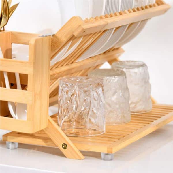 Bamboo Brown Dish Rack, 3-Tier Foldable Wood Dish Drying Rack for Kitchen, Space-Saving Organizer with Utensil Holder