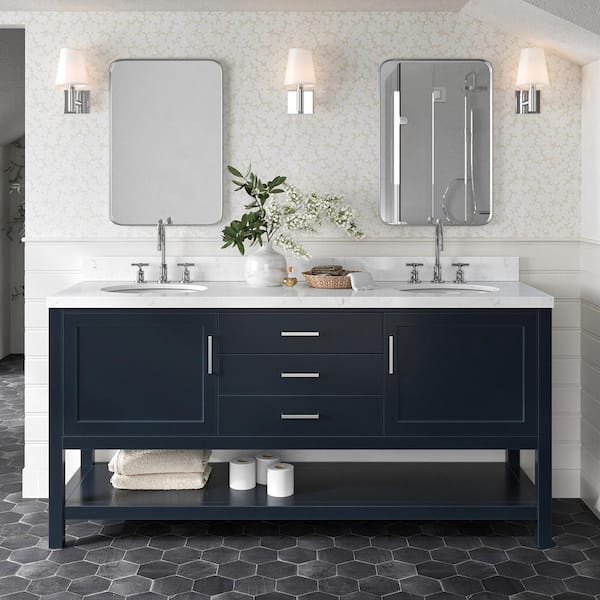 ARIEL Bay Hill 72.25 in. W x 22 in. D x 36 in. H Double Sink Freestanding Bath Vanity in Midnight Blue with Man-Made Stone Top