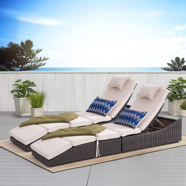 Freestyle 2 Pieces Brown Wicker Outdoor Folding Adjustable Lounge Chairs with Beige Cushion