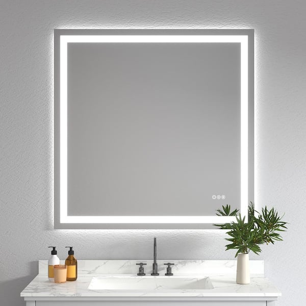 WOODSAM 36 in. W x 36 in. H Square Frameless LED Anti-Fog Wall Bathroom Vanity Mirror, Backlit & Front Light