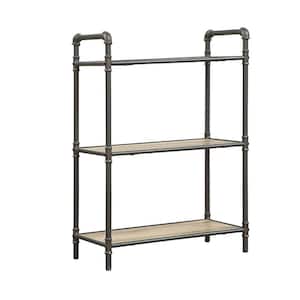 35.5 in. Oak Brown/Gray Metal 3-shelf Standard Bookcase with Open Back