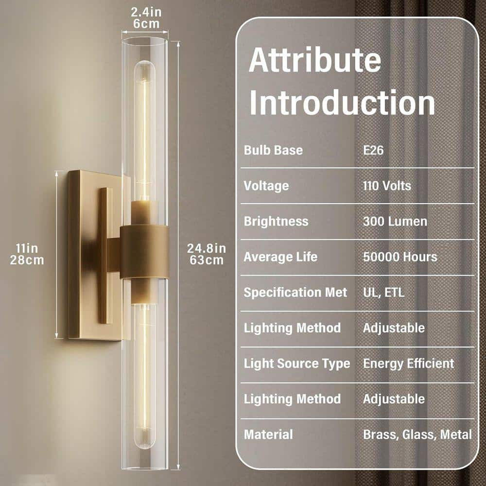 24.8 in. 2-Light Antique Gold Wall Sconce, Vanity Light, Modern Wall Light for Living Room, Bathroom, Bedroom (Set of 1) price history on PriceWatchPro