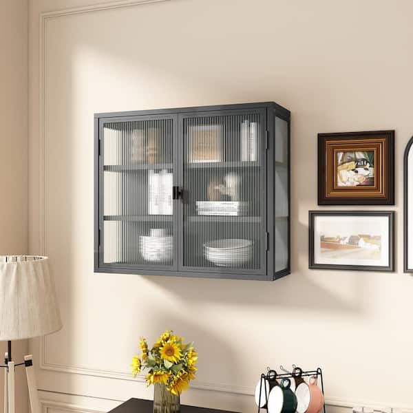Magic Home 27 in.  x 9 in. x 23 in. Modern Bathroom Storage Wall Cabinet Iron and Tempered Glass Framed 3-Tier Cabinet in Dark Gray