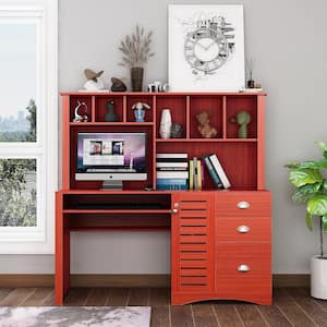 59.06 in. Width Standing Wooden Home Office Computer Desk with 3-Drawers and 6-Shelves in Red