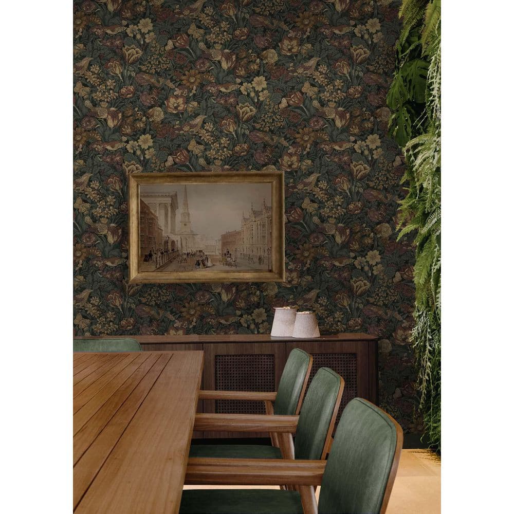 Mahogany and Graphite Bird Floral Peel and Stick Wallpaper
