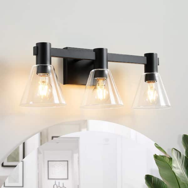 KAISITE 21.3 in. 3 Light Black Dimmable Bathroom Vanity Light Fixture with Clear Cone Glass Shade