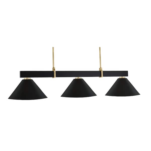 Balmore 3-Light Matte Black and New Age Brass Billiard Light with 14 in. Matte Black Metal Shades