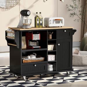 Black Rolling Kitchen Island Cart with Rubber Wood Top and Microwave Cabinet (51 in. W)