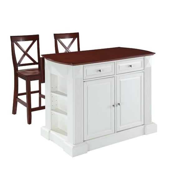CROSLEY FURNITURE Coventry White Drop Leaf Kitchen Cart with X-Back Stools
