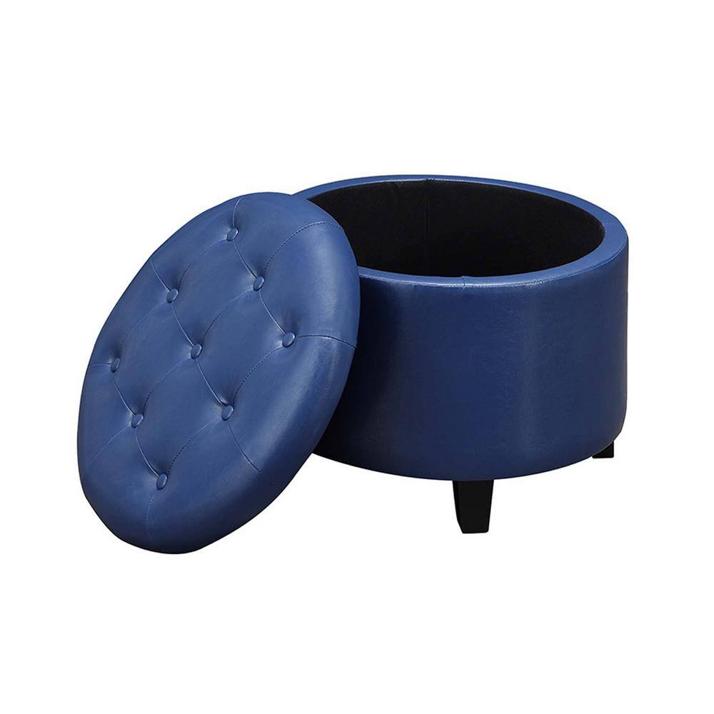 Blue Tufted Faux Leather Round Storage Ottoman