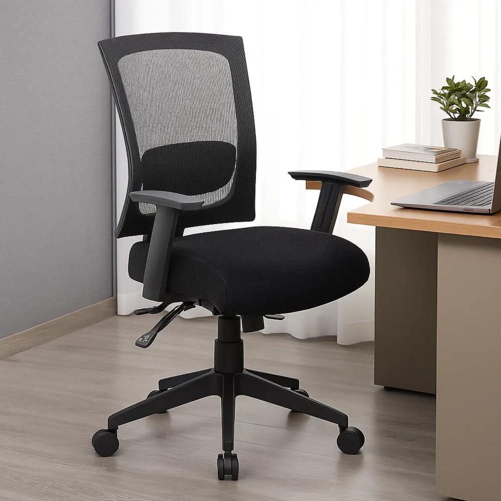 Benjara Oyo Polyester Rolling Task Chair in Black Arms BM344452